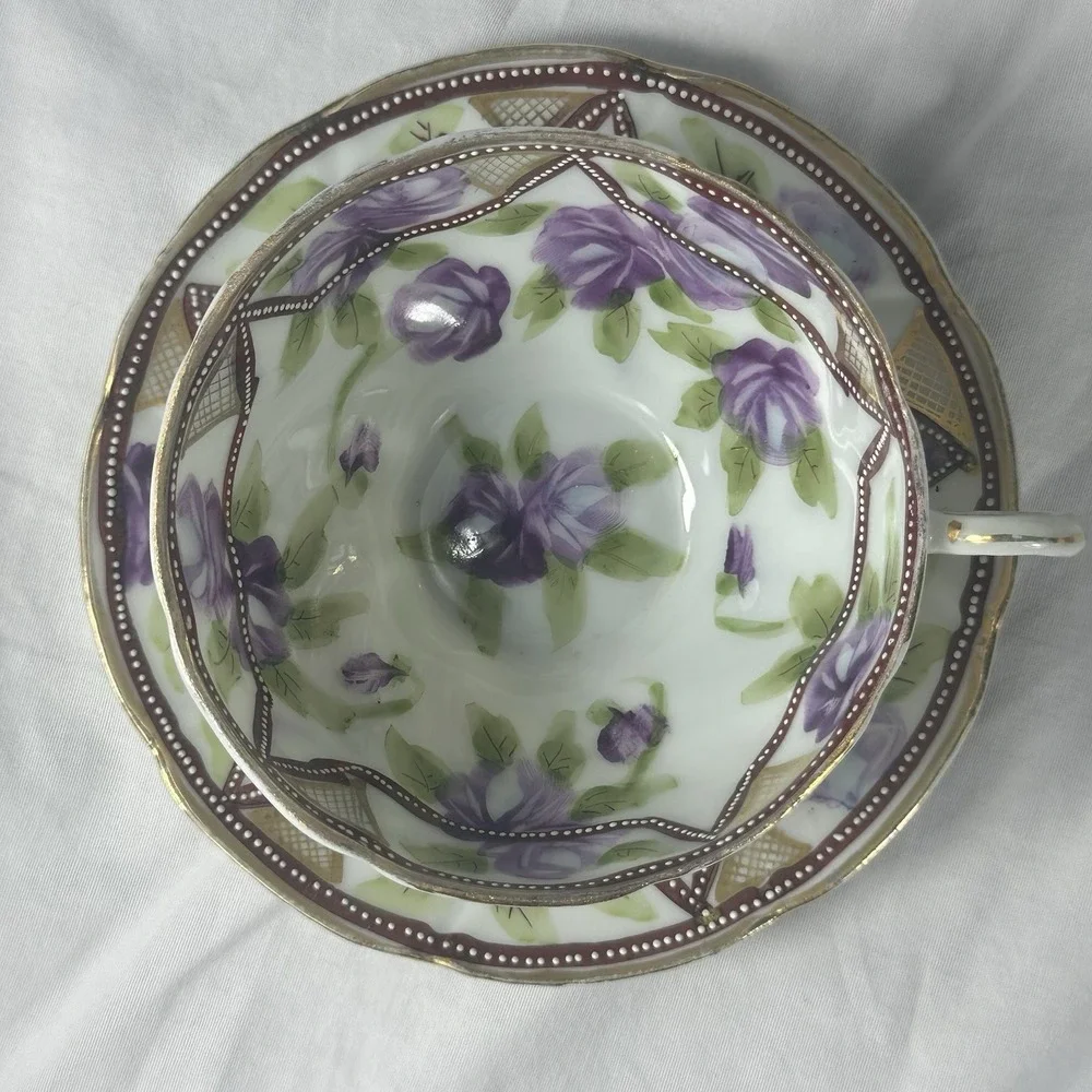 Antique‎ Nippon Hand Painted Teacup Saucer Duo Purple Rose Moriage 1911 Morimura